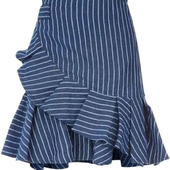 Alexis Anvivi Striped Linen Ruffle Wrap Mini Skirt. Denim blue/White. Size M. - Picture 2 of 6